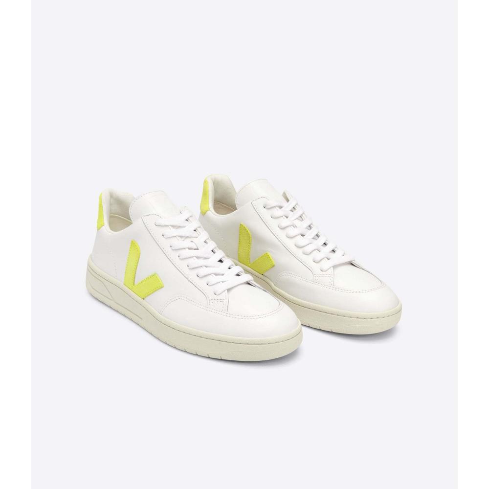 Men's Veja V-12 LEATHER Sneakers White/Green | ZA 344UZG